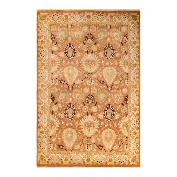 Exquisite hand-woven rug with intricate symmetrical design in warm tones.