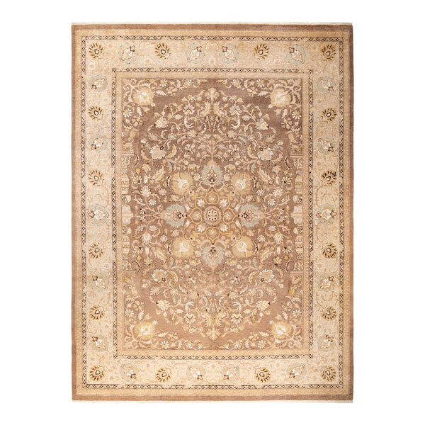 Exquisite rectangular rug with intricate floral motifs in neutral tones.