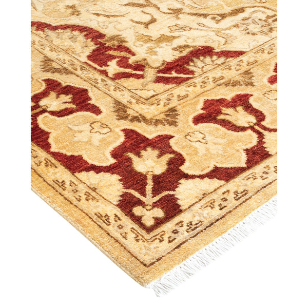 Symmetrical floral motifs in cream, tan, brown, and deep red.