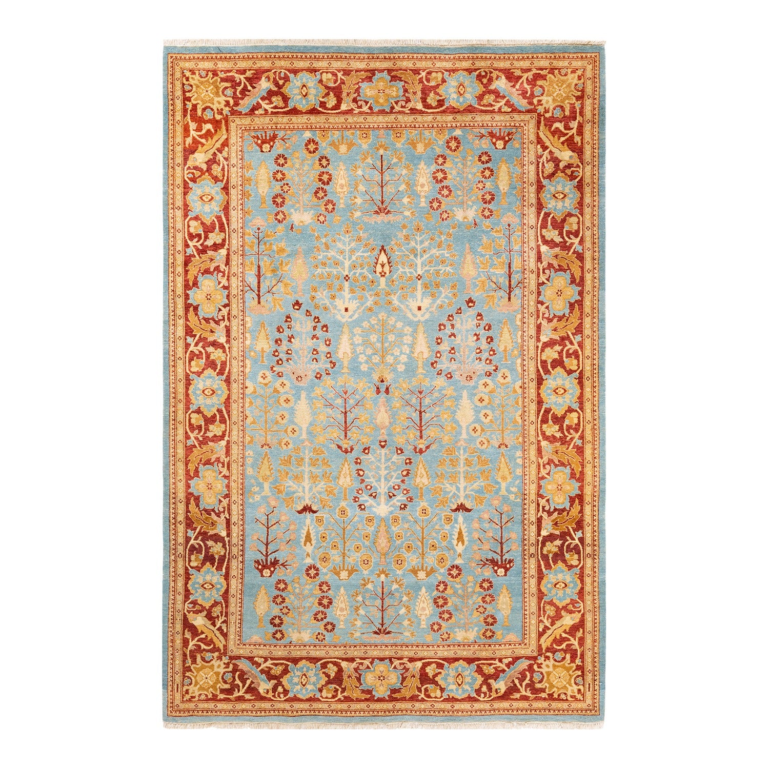 Rectangular area rug showcases intricate floral and geometric motifs.