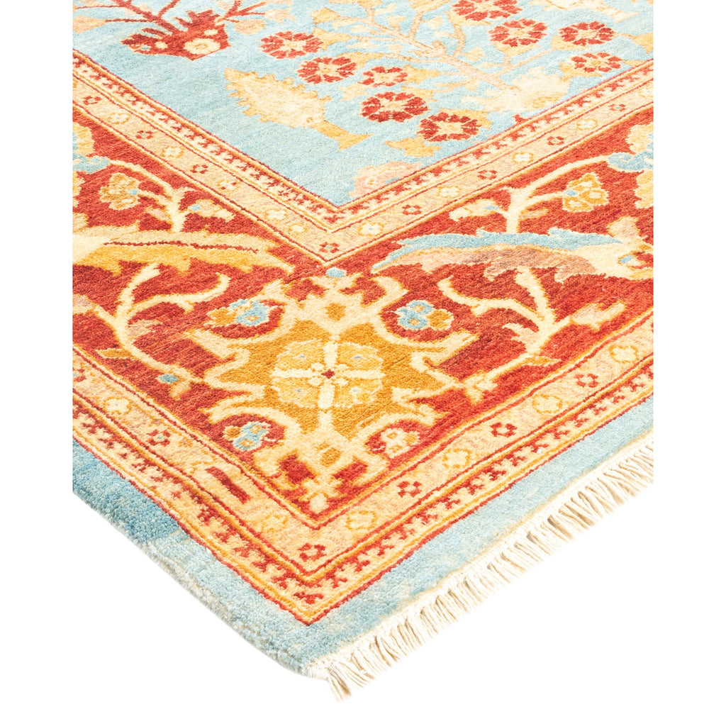 Exquisite Oriental-inspired rug with intricate geometric and floral patterns.