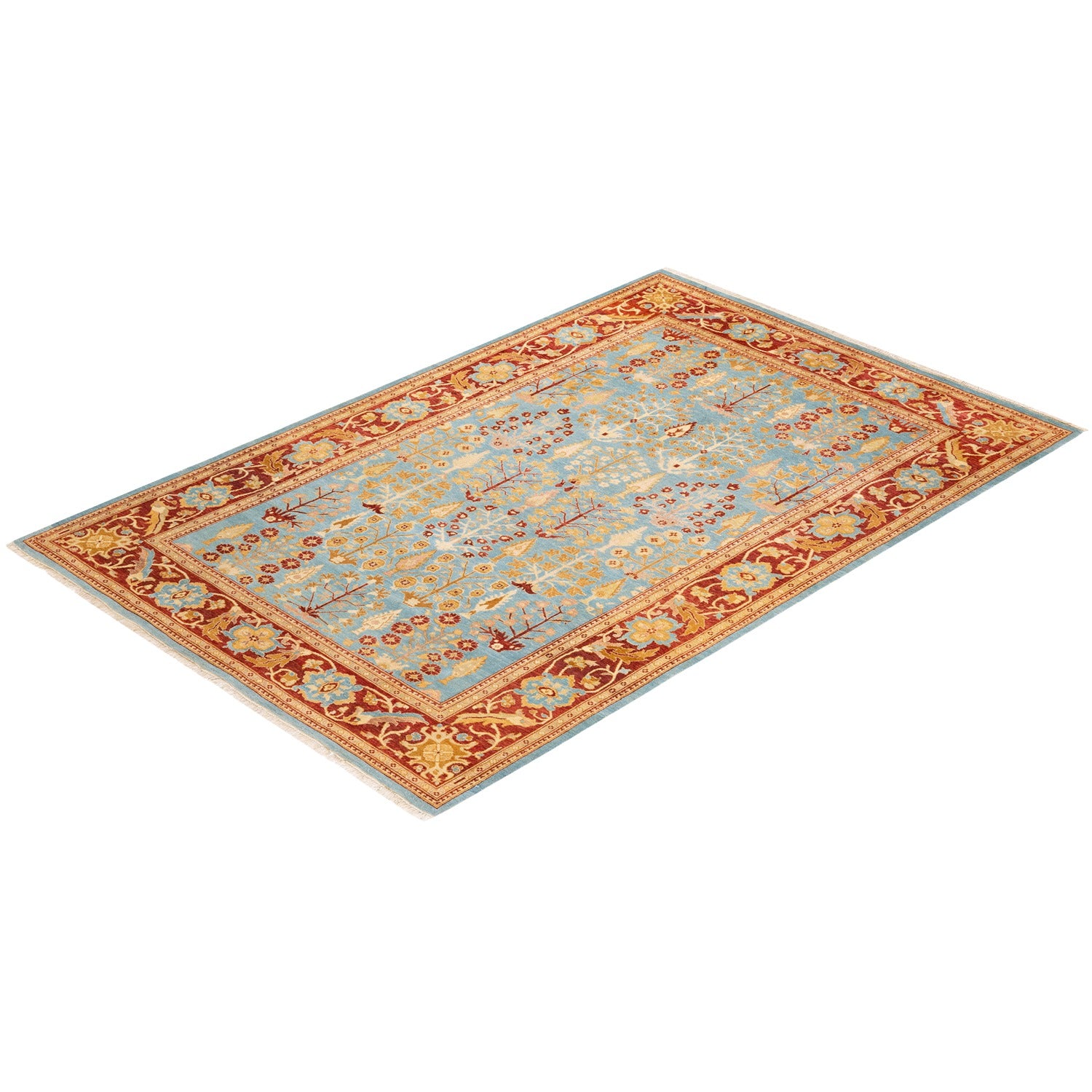 Handwoven ornate rug with floral design in rich blue and red hues.