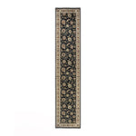 Symmetrical floral runner rug with intricate borders in traditional design.