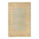 Ornate Persian-inspired area rug with intricate blue and beige designs.