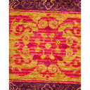 Vibrant, intricate textile depicts floral and scroll-like motifs in loop pile.