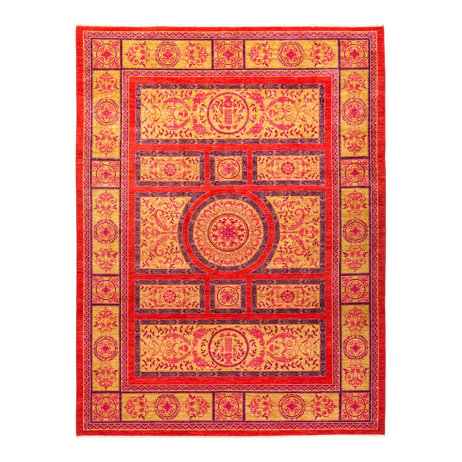 Traditional hand-woven rug with intricate patterns and vibrant color scheme.