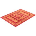 A luxurious oriental rug with a red and gold pattern.