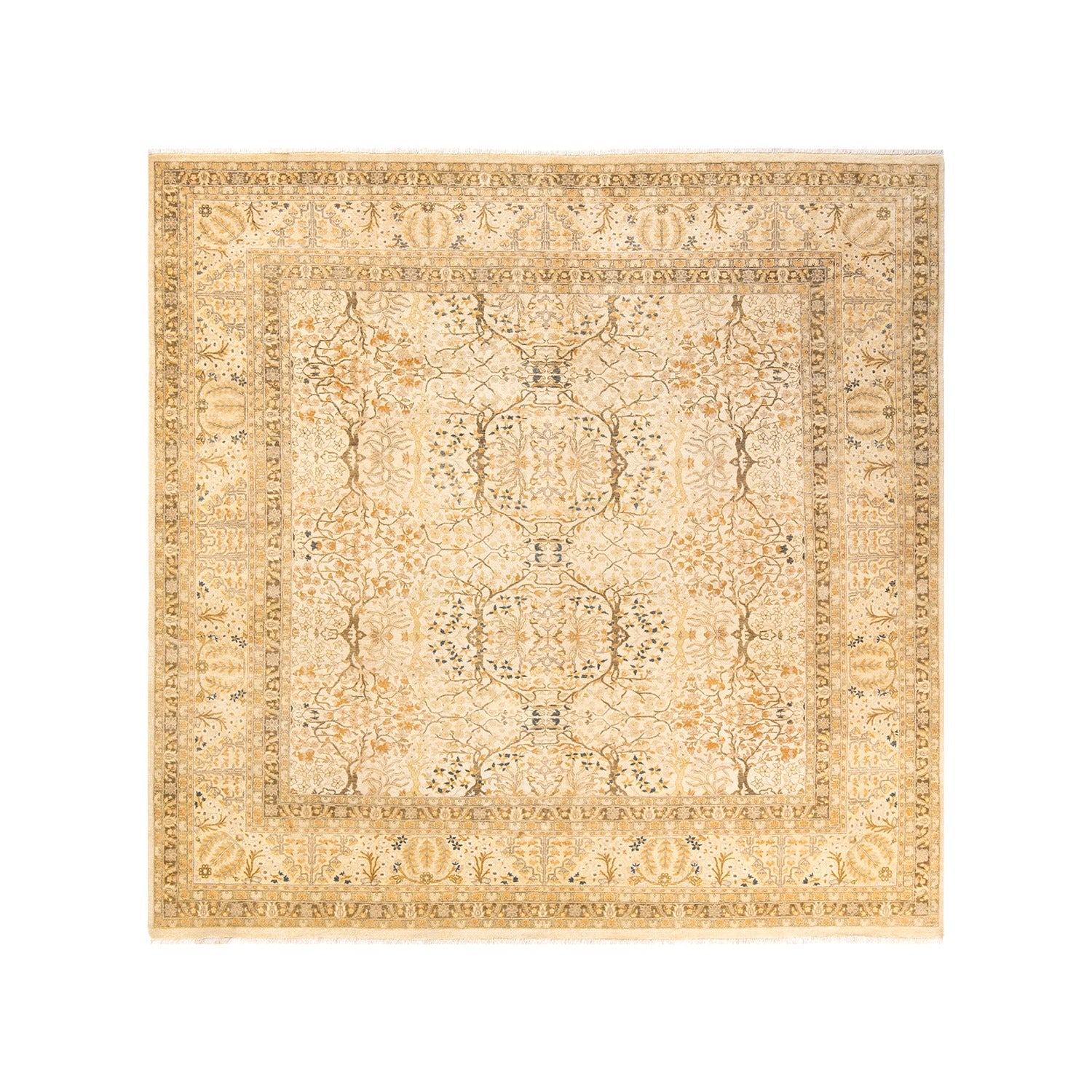 Exquisite hand-knotted Persian-style rug with intricate floral motifs on beige.