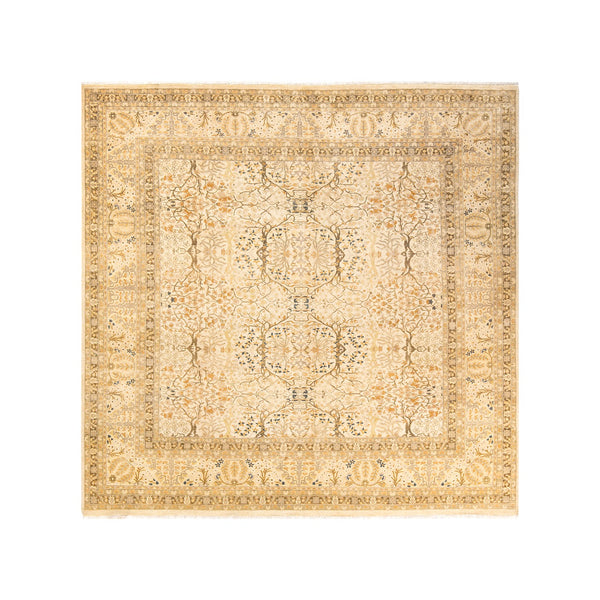 Exquisite hand-knotted Persian-style rug with intricate floral motifs on beige.