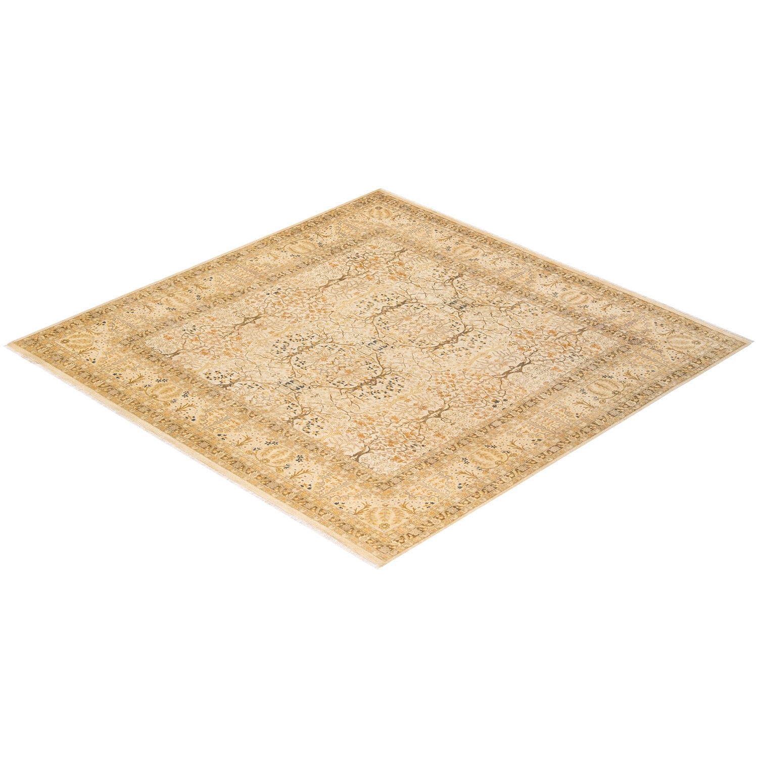 An ornate diamond-shaped rug with intricate beige and brown patterns.
