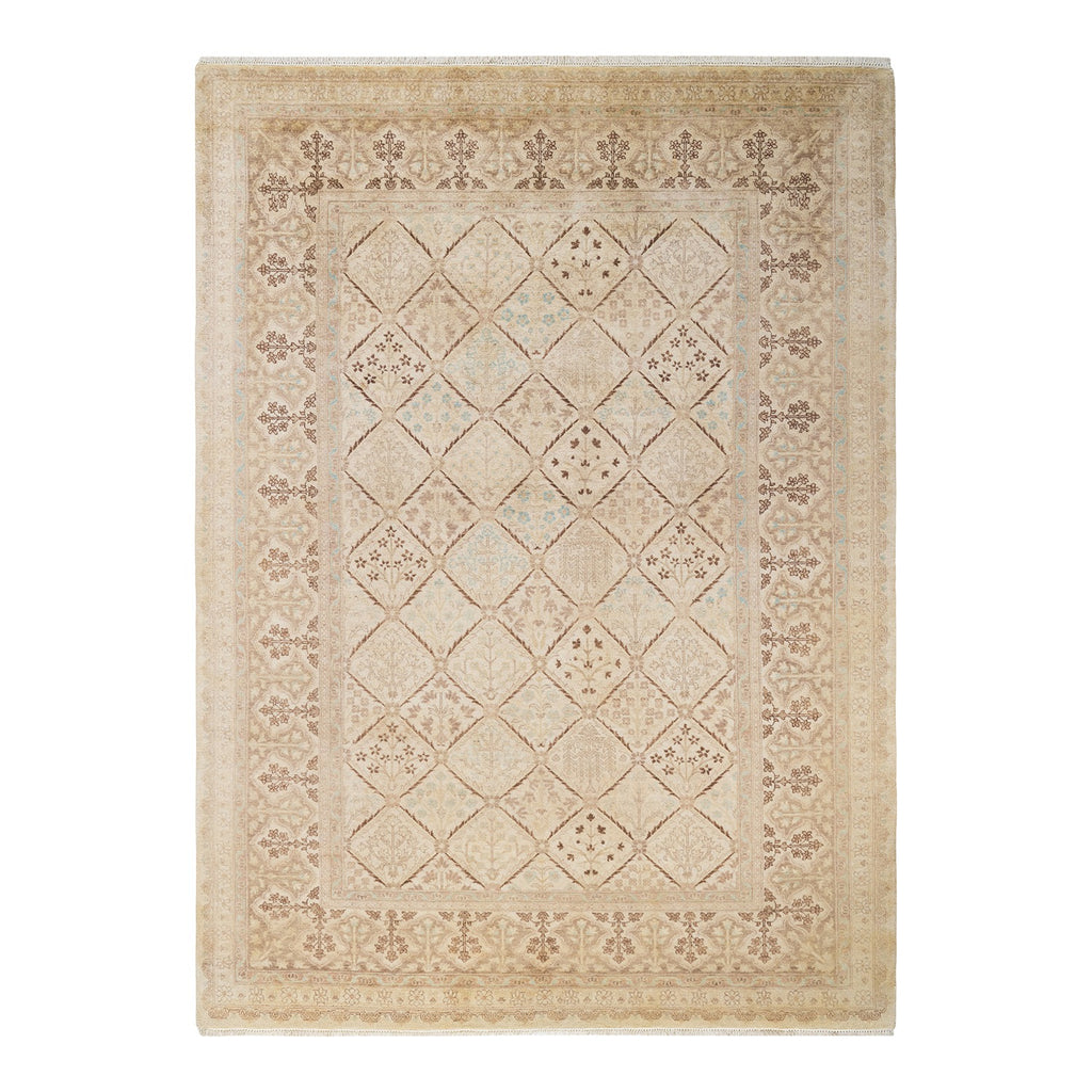 Vintage-inspired ornamental rug with diamond lattice motif and muted colors.