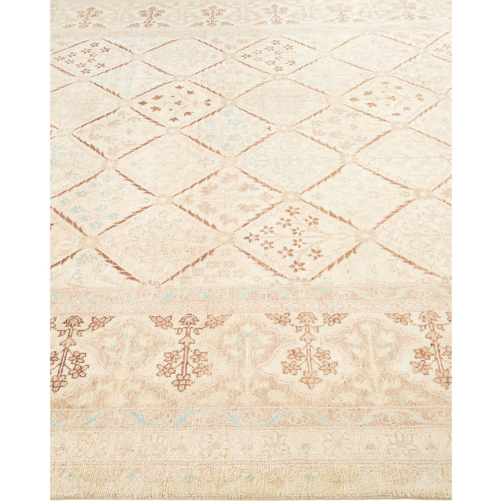 Decorative rug with diamond and floral motifs in neutral tones.