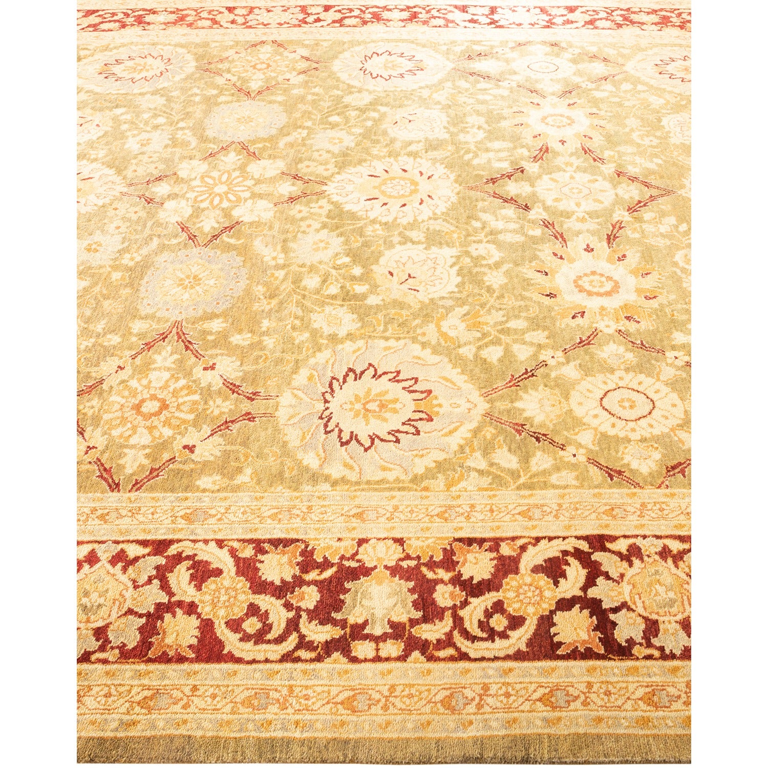 Exquisite handwoven rug with intricate floral and geometric motifs.
