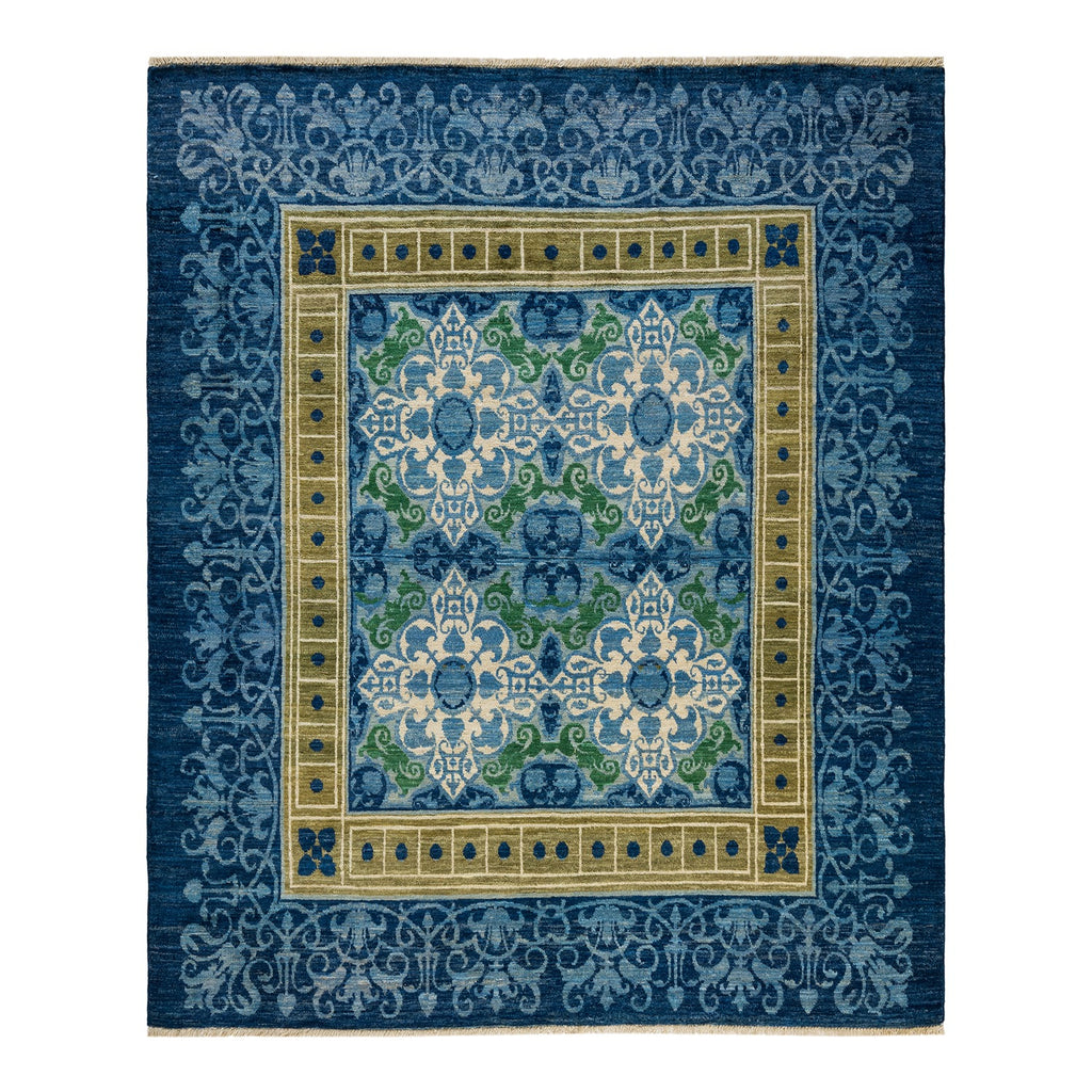 Exquisite ornate rug showcasing intricate blue and green floral patterns.