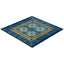 Rectangular rug with a diamond-like pattern in shades of blue.