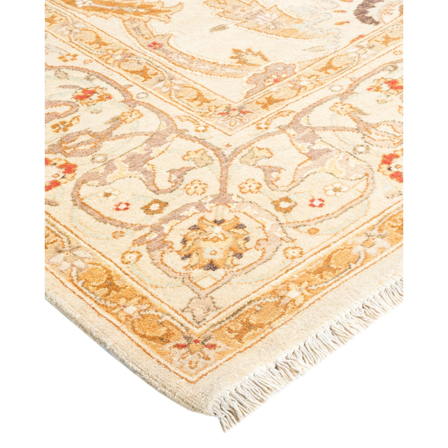 Intricate handmade ornamental rug with floral and abstract motifs.