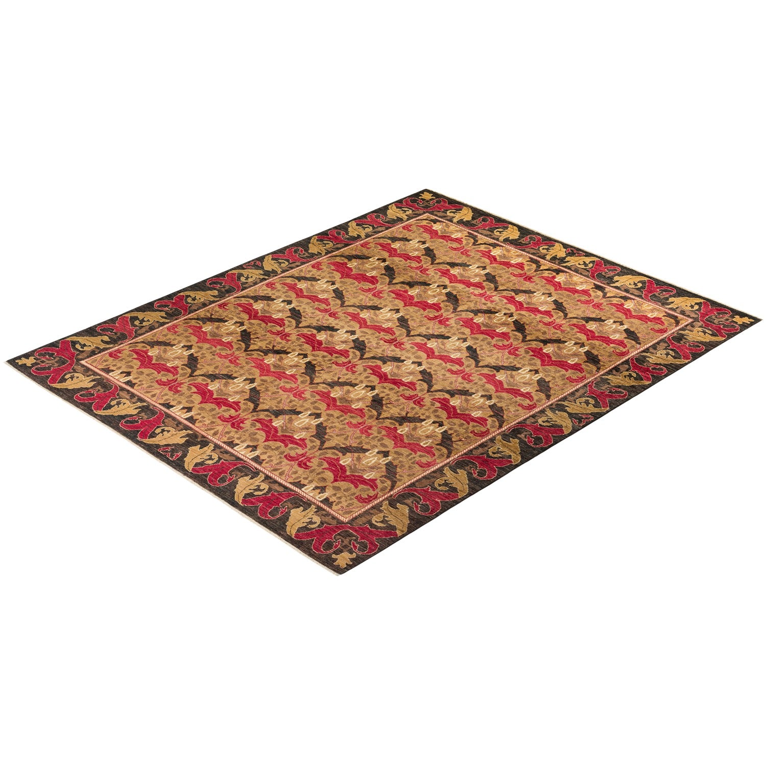 Exquisite handwoven Persian-inspired carpet showcases intricate floral motifs and rich colors.