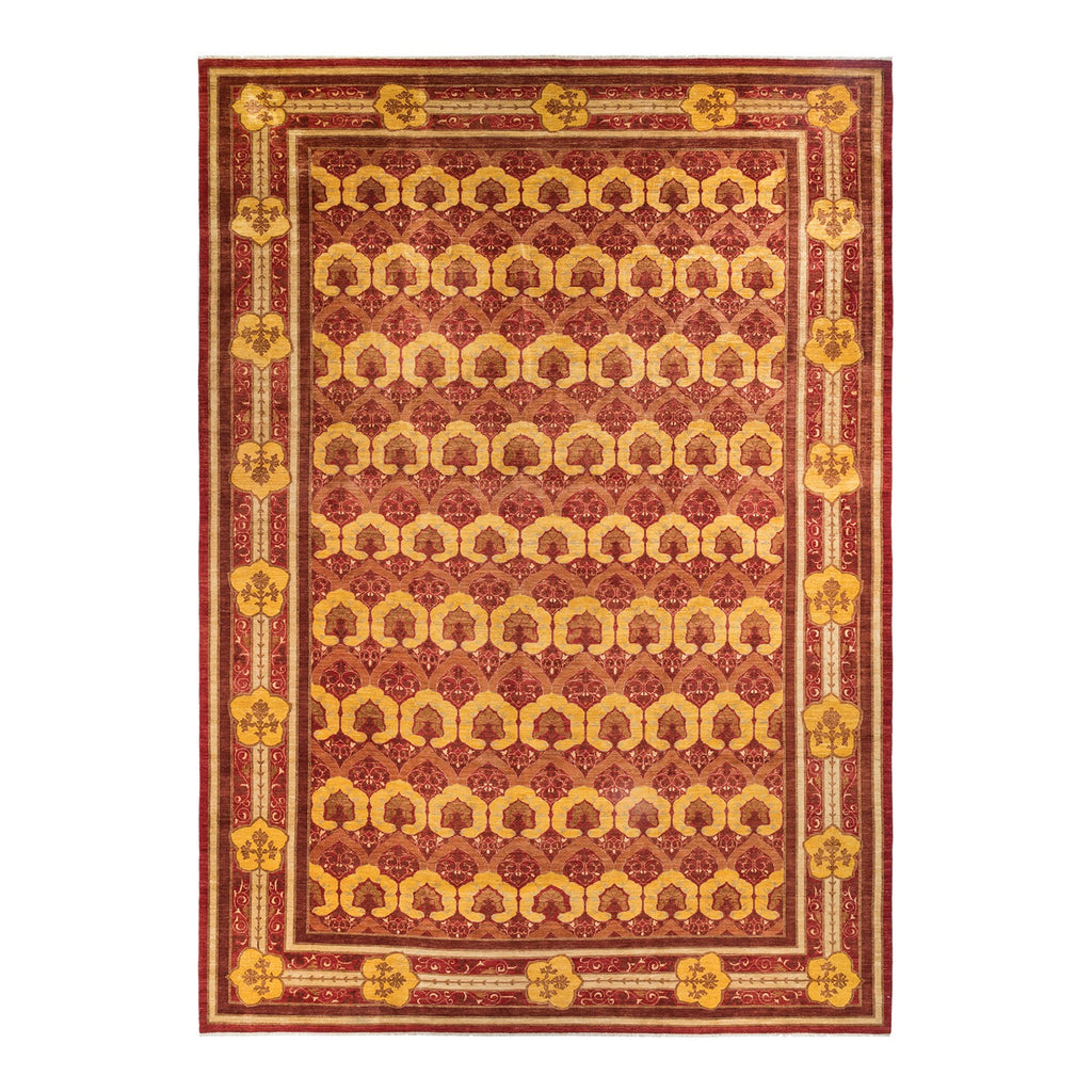 Intricate handwoven Persian/Oriental carpet with rich red and gold designs.