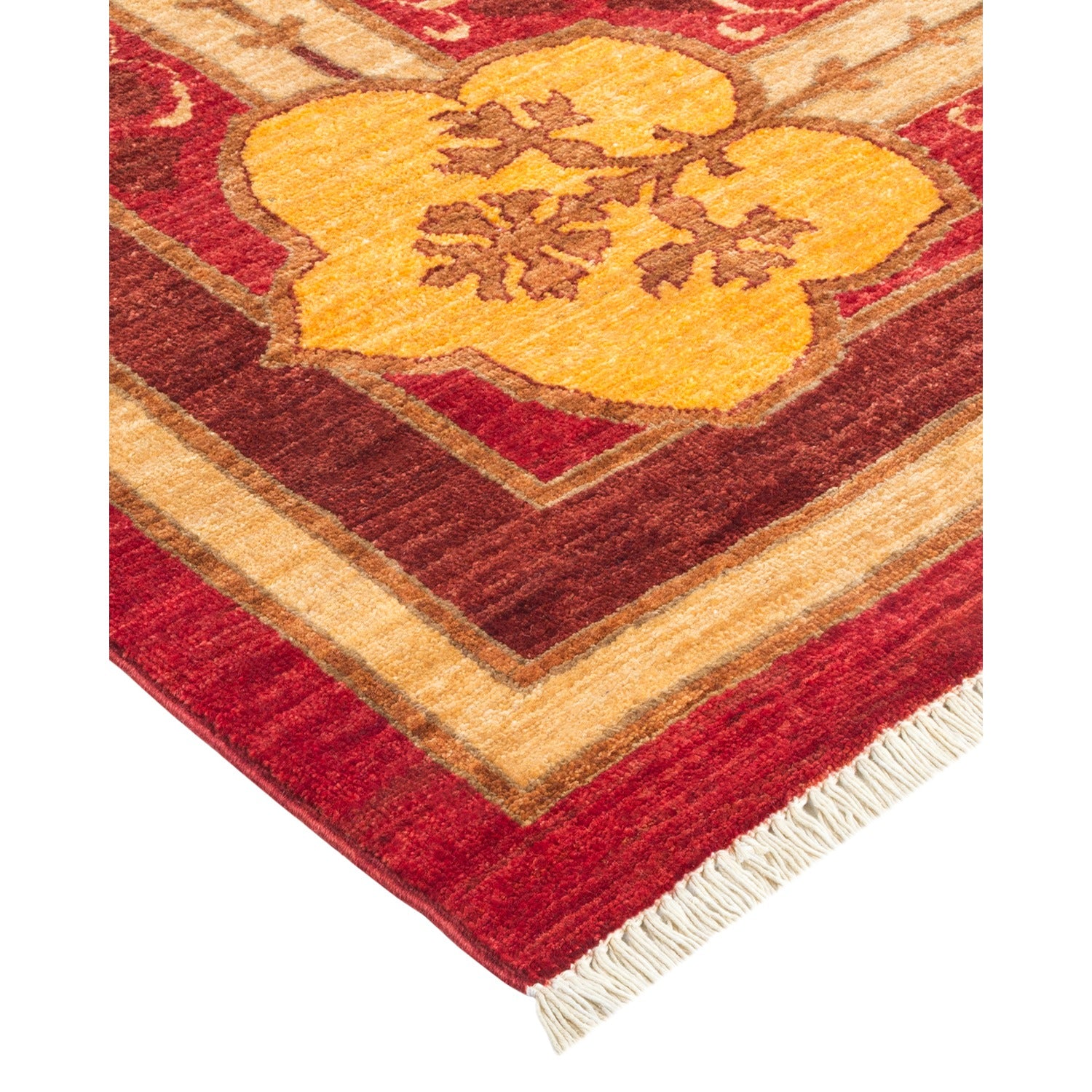 Vibrant and intricate hand-woven rug with a geometric floral motif.