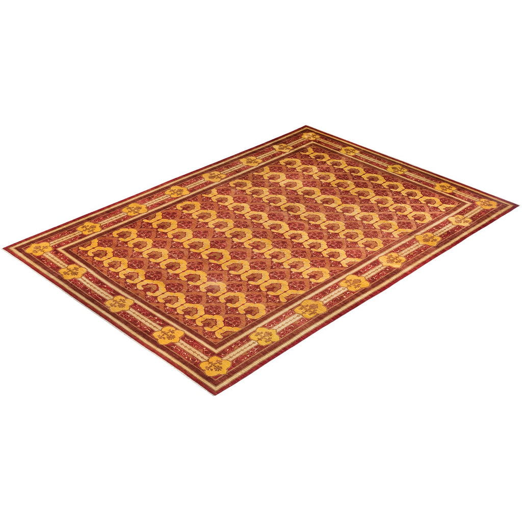 Persian-inspired ornate carpet with floral motifs in red and gold.