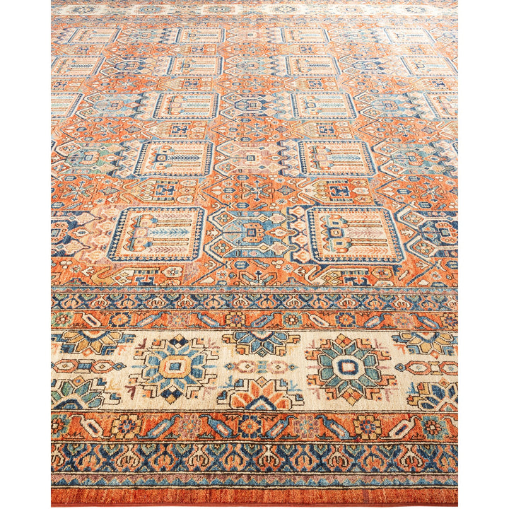 Vibrant Oriental rug featuring intricate geometric and floral patterns