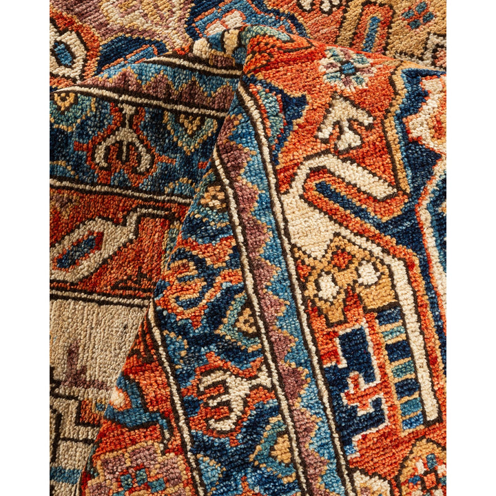 Vibrant and intricate hand-woven rug showcases skilled craftsmanship and rich colors.