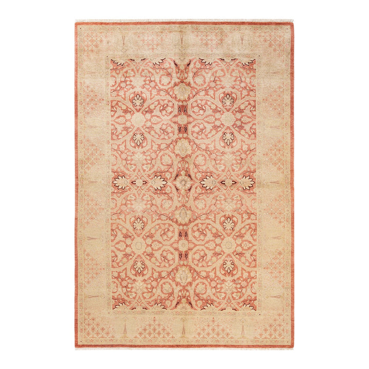 Exquisite, antique-inspired rectangular rug with intricate floral design in pink and beige.