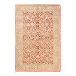 Exquisite, antique-inspired rectangular rug with intricate floral design in pink and beige.