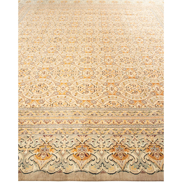 Intricate traditional area rug with floral motifs and geometric shapes.