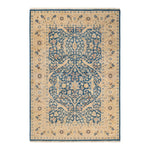 Traditional ornamental rug with intricate patterns in dominant blue and beige.