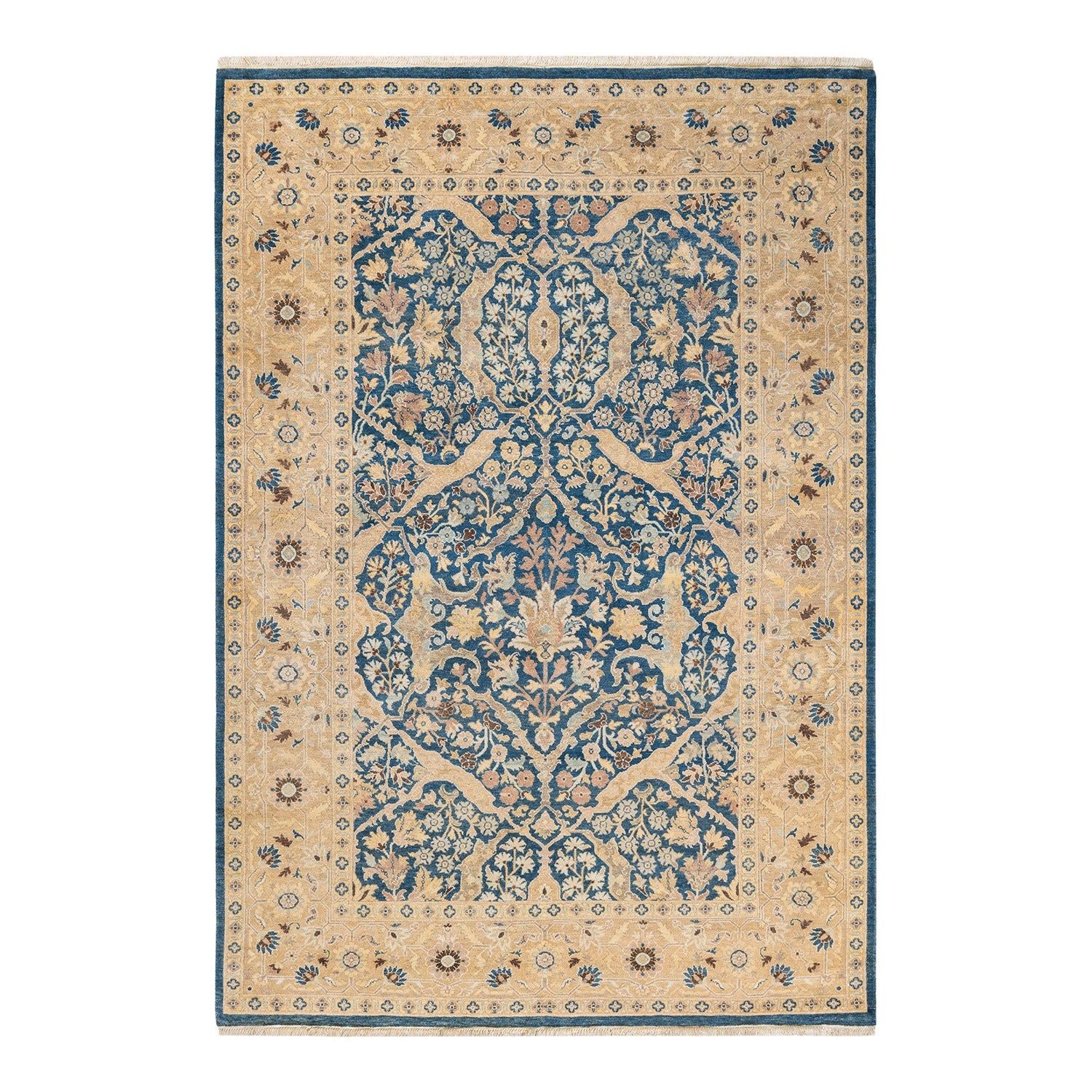 Traditional ornamental rug with intricate patterns in dominant blue and beige.