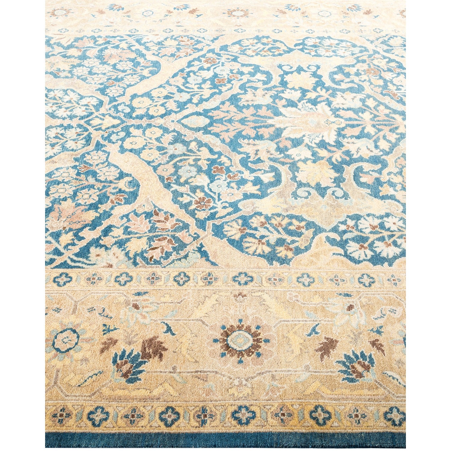Detailed and ornate area rug with intricate patterns and floral motifs.