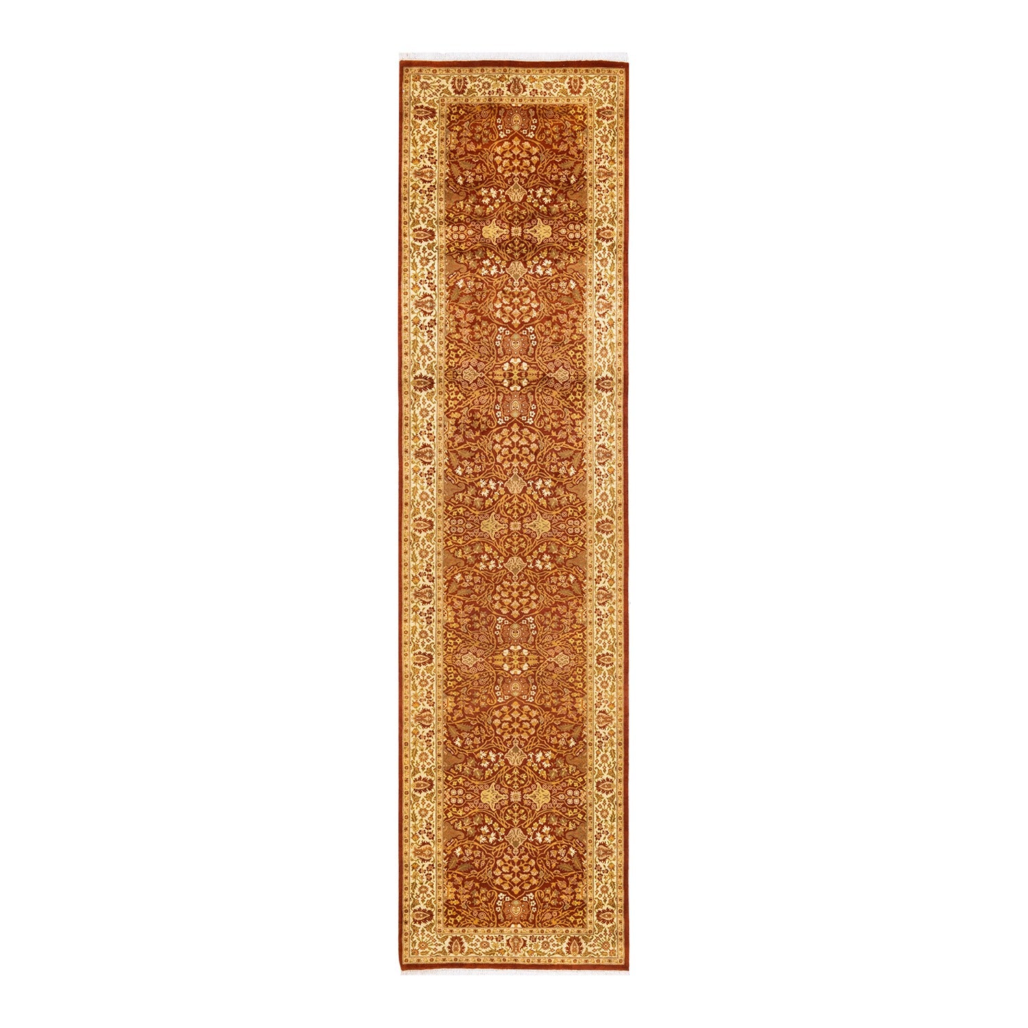 Exquisite Persian-style runner carpet with intricate floral motifs in rich red.