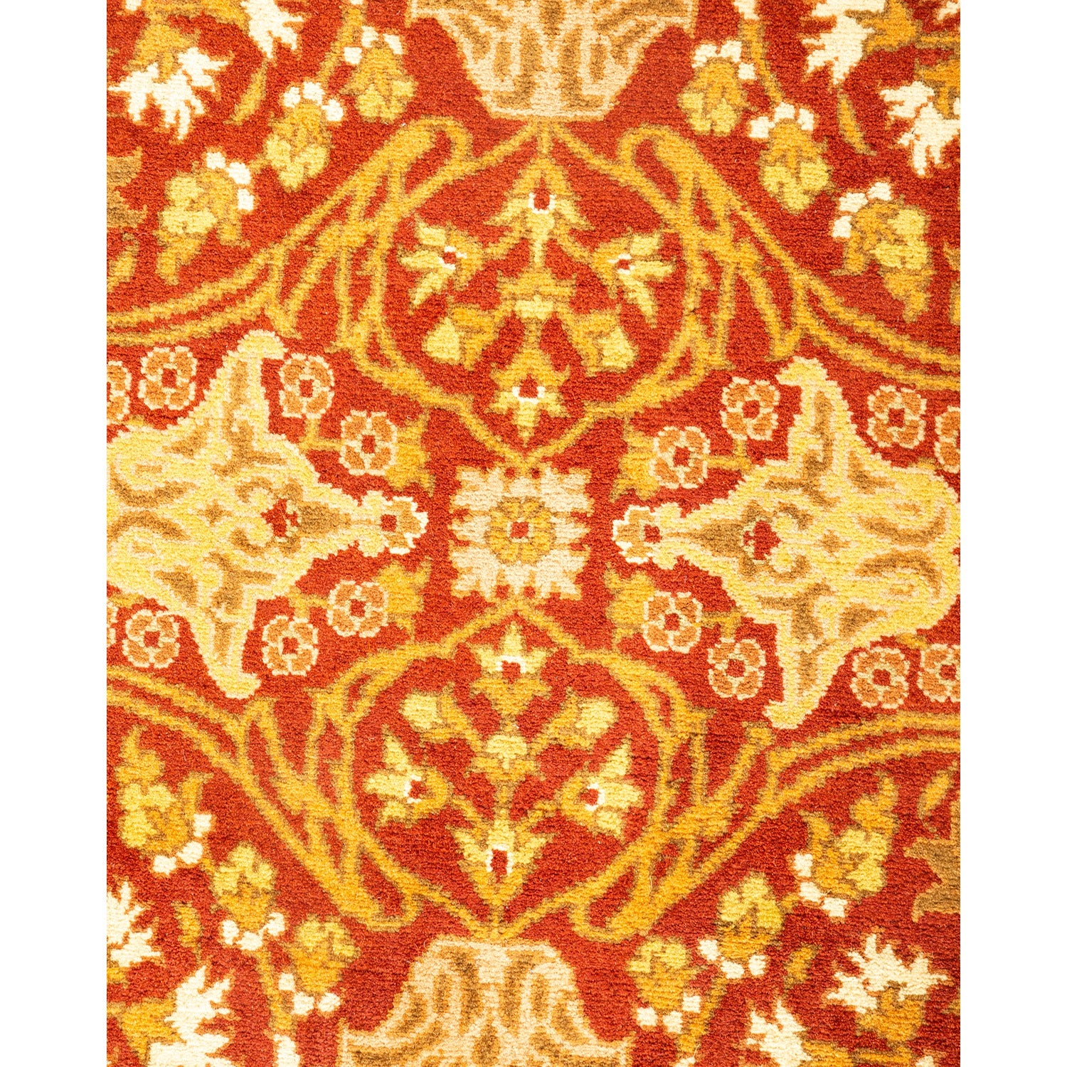 Rich rust-colored carpet with intricate Middle Eastern-inspired design.