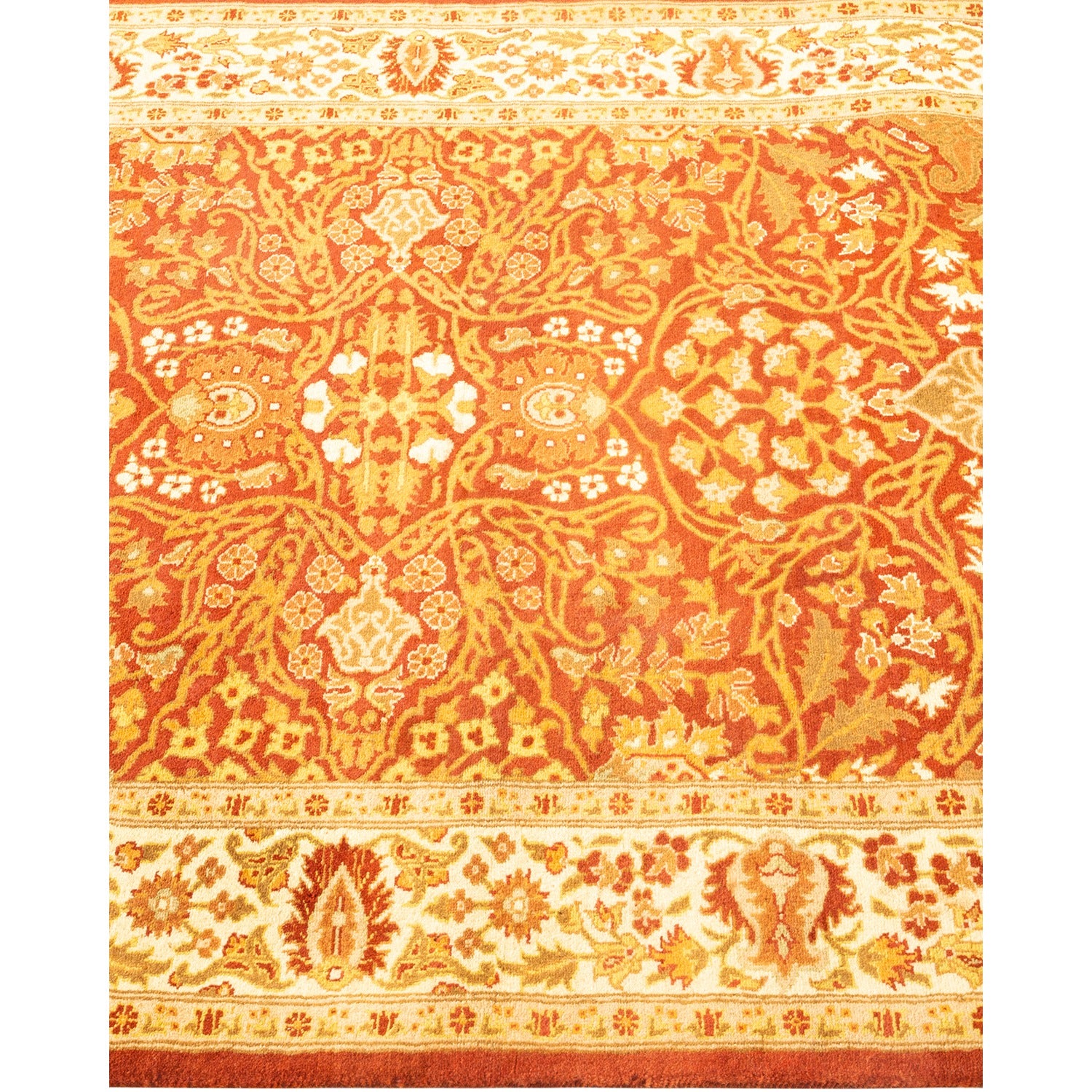 Exquisite, hand-knotted Oriental rug showcases intricate floral motifs in gold.