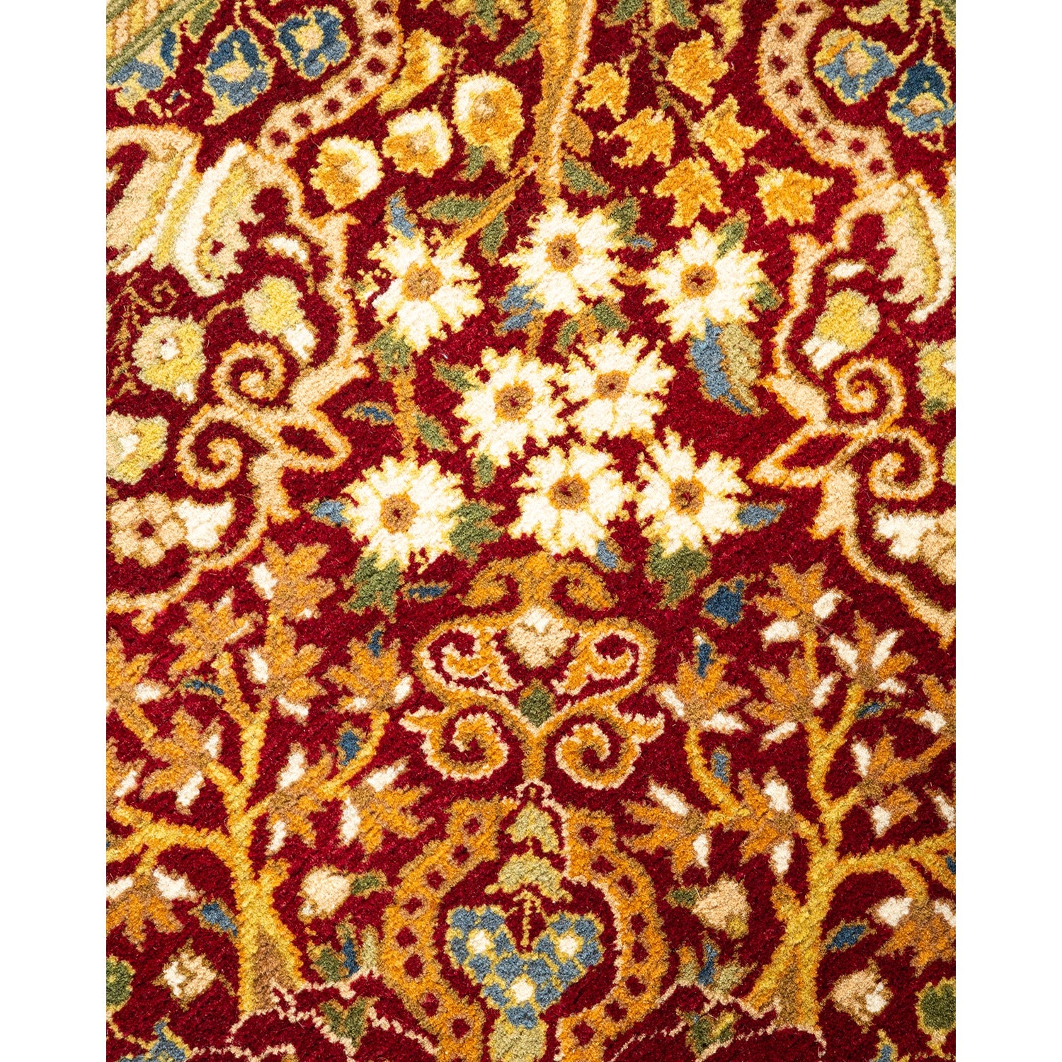 Intricate and ornate burgundy rug with gold, blue, and green details.