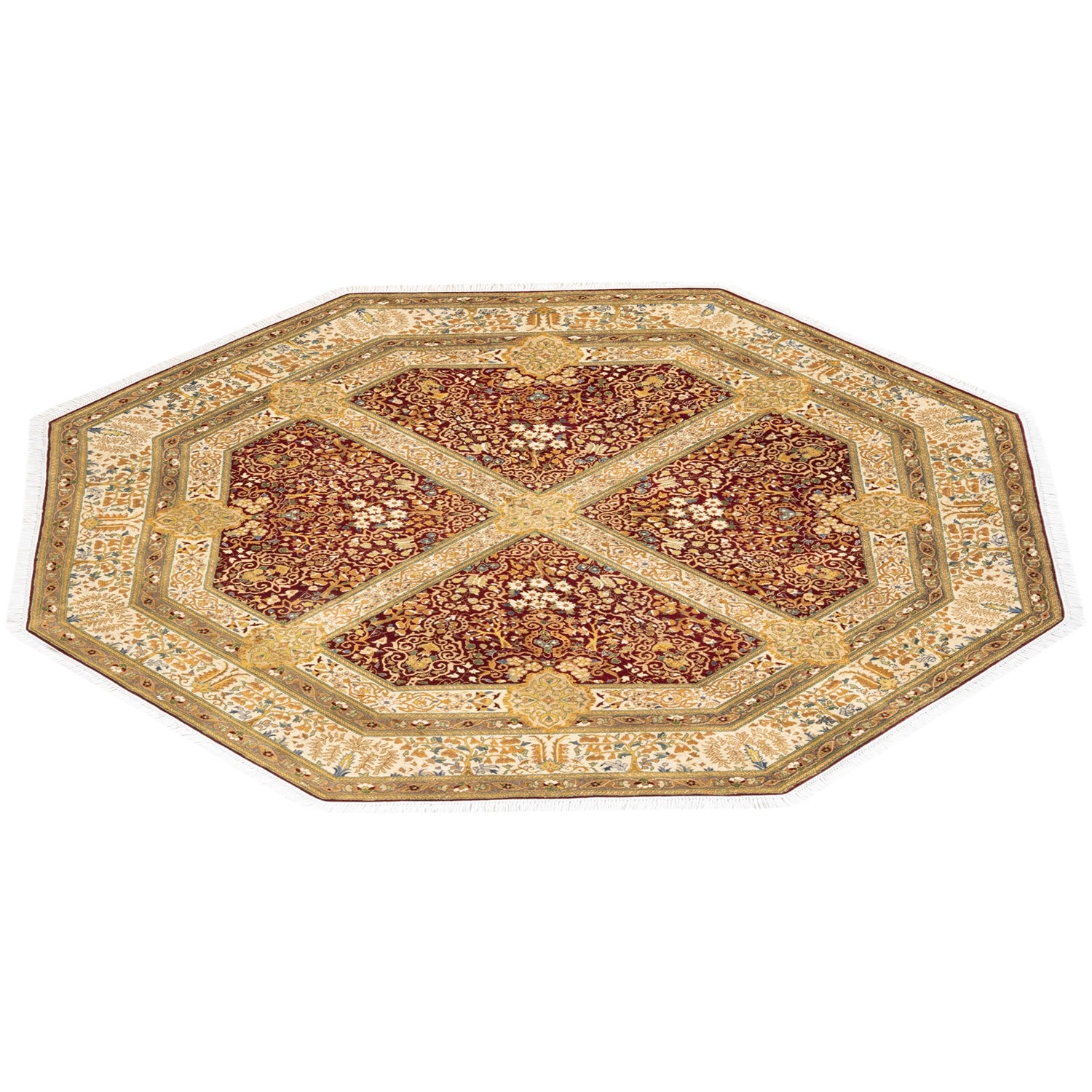 Intricately patterned octagonal rug featuring red, beige, floral, and geometric motifs.