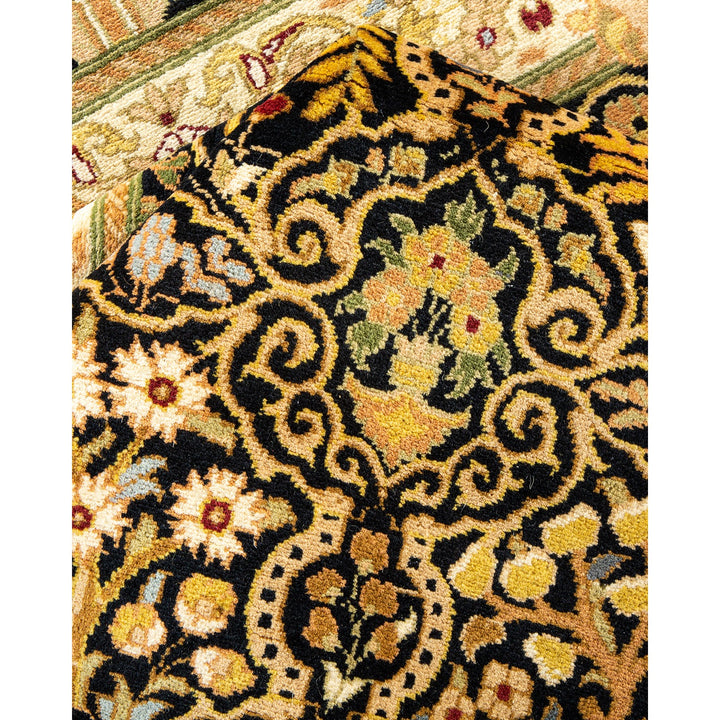 Close-up of a plush, intricate patterned rug in warm colors.