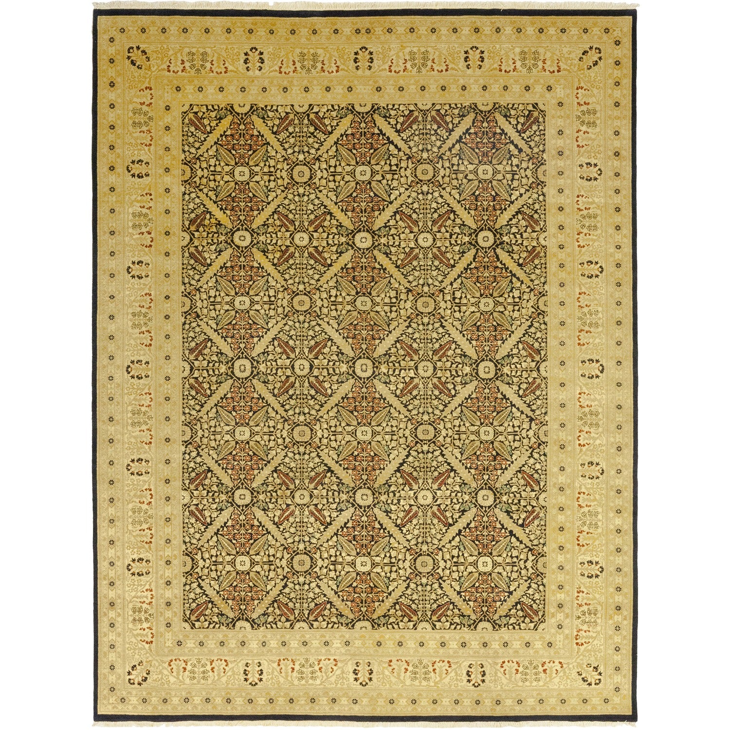 Ornate handcrafted rug with symmetrical geometric and floral patterns