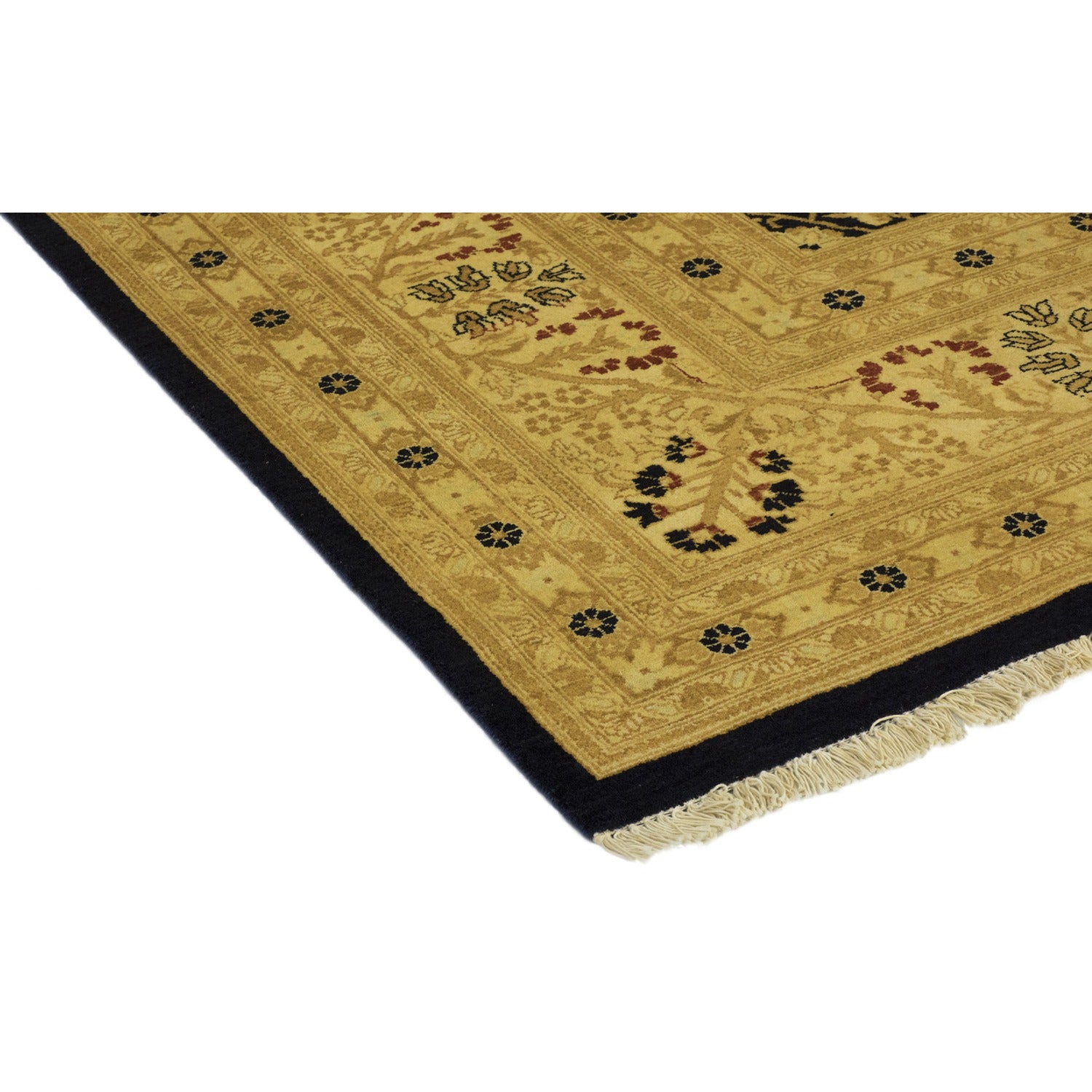 Traditional Persian-style woven rug with symmetrical motifs and fringe.