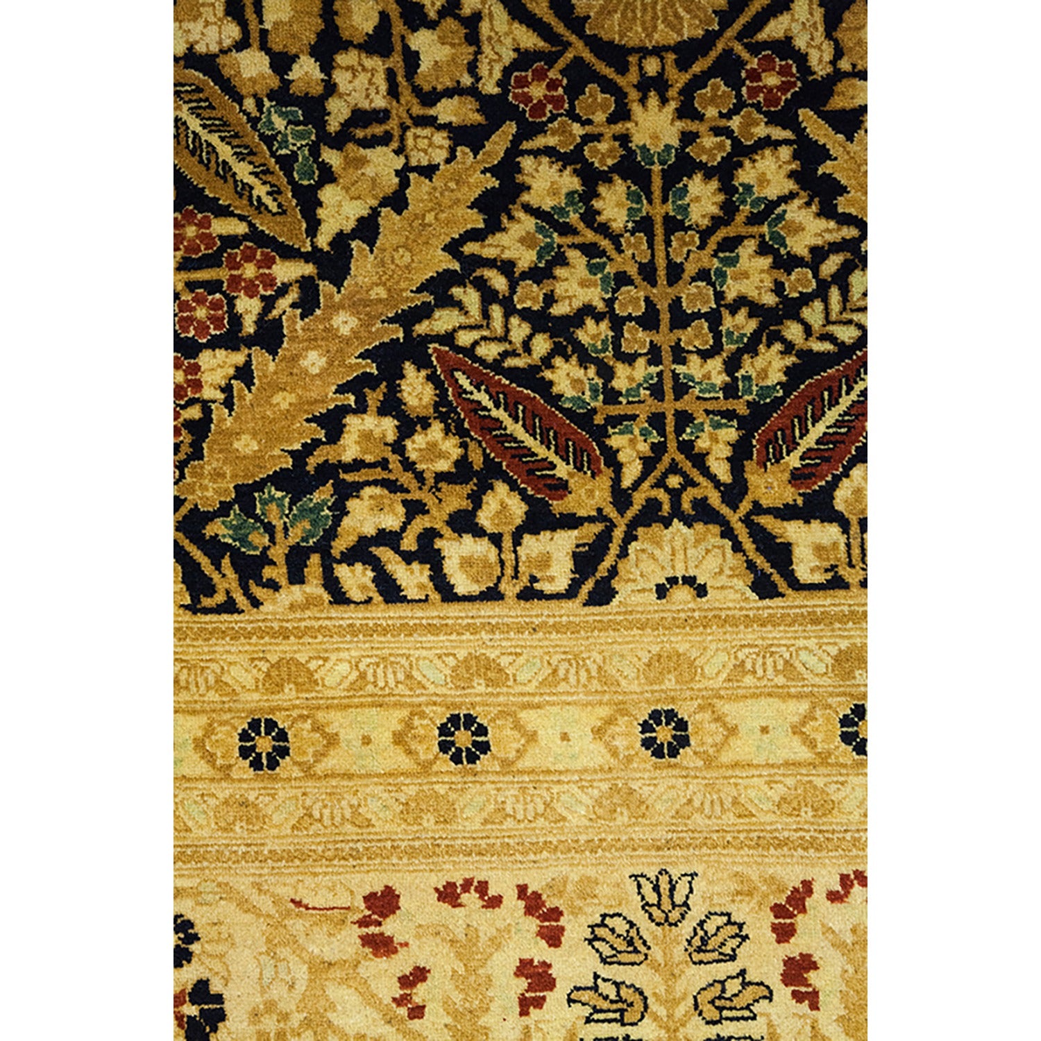 Richly patterned handwoven carpet with intricate floral and foliate motifs.
