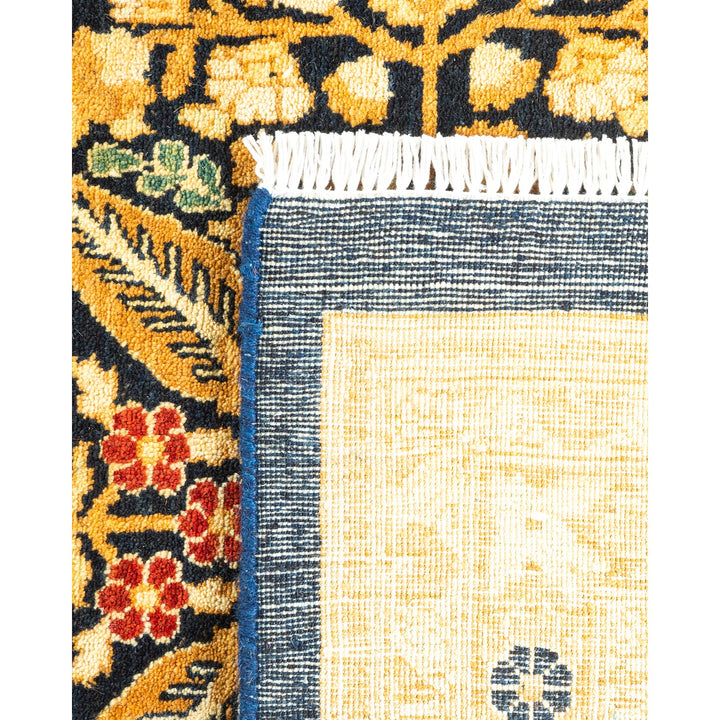 Close-up comparison of ornate rug and denim fabric textures.