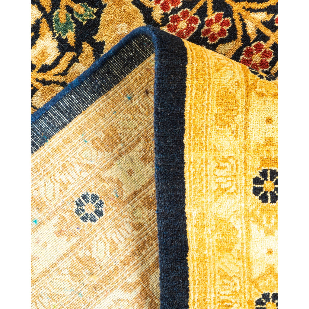 Close-up view of two contrasting textiles showcasing intricate patterns.