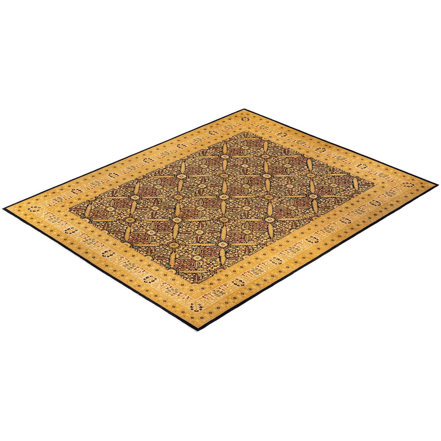 Ornate diamond-shaped rug with complex geometric and floral motifs.