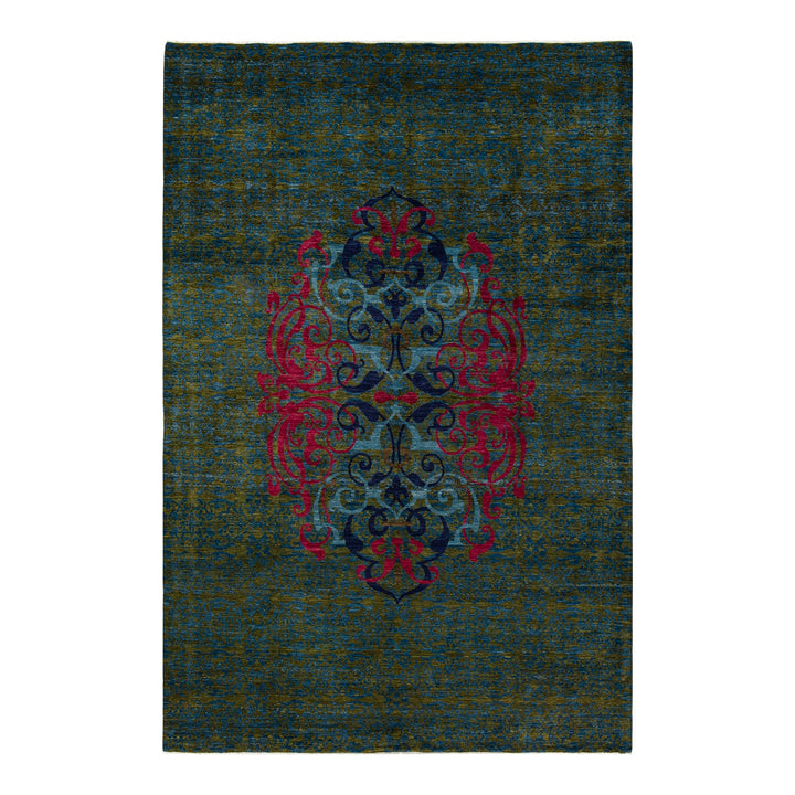 Elegant rectangular area rug with ornate pinkish-red damask design.
