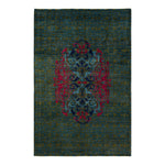 Elegant rectangular area rug with ornate pinkish-red damask design.