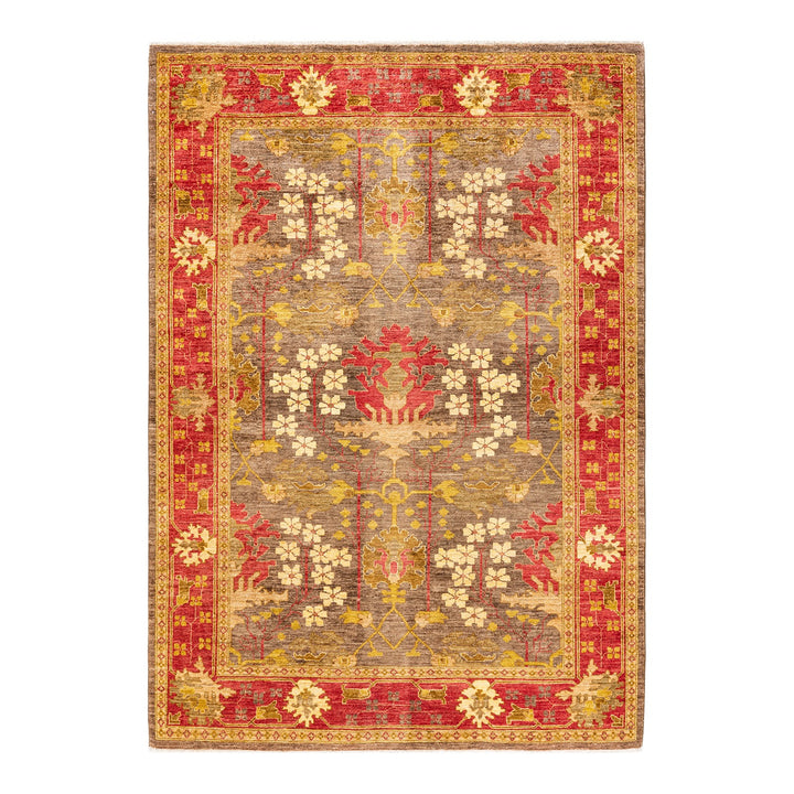 Elegant traditional rectangular area rug with symmetrical floral motifs.