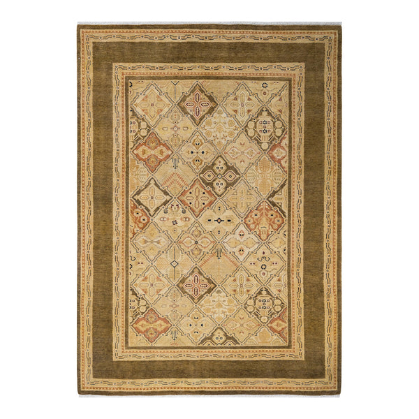 Intricately designed rectangular area rug with traditional motifs and earthy tones.