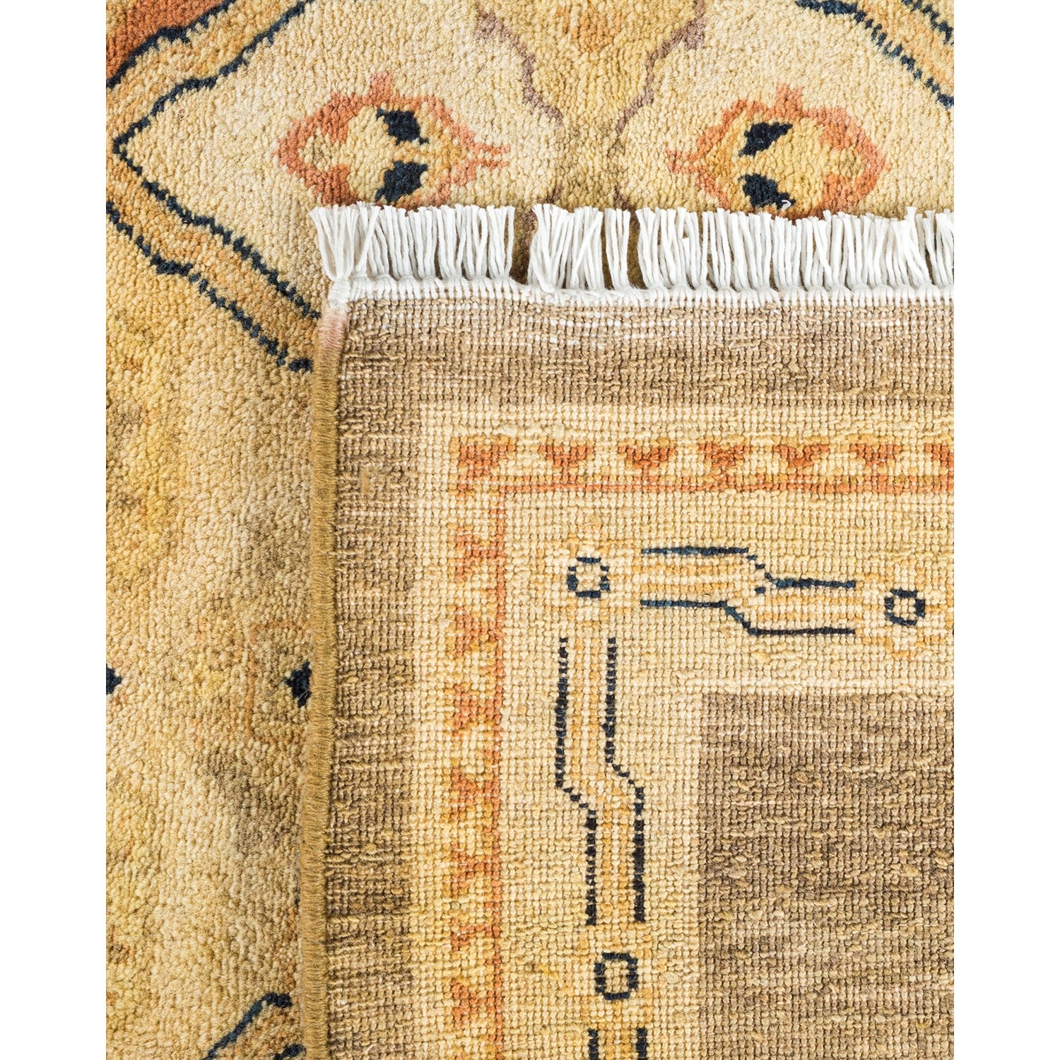 Intricate hand-woven rug with geometric patterns and vibrant colors.