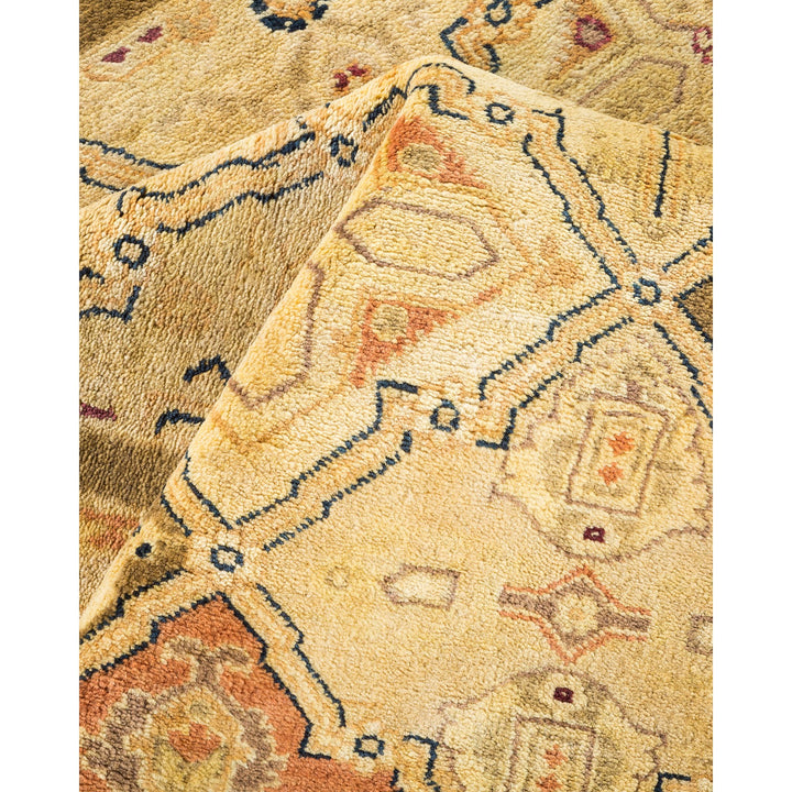 Close-up view of a plush, patterned rug with intricate designs.